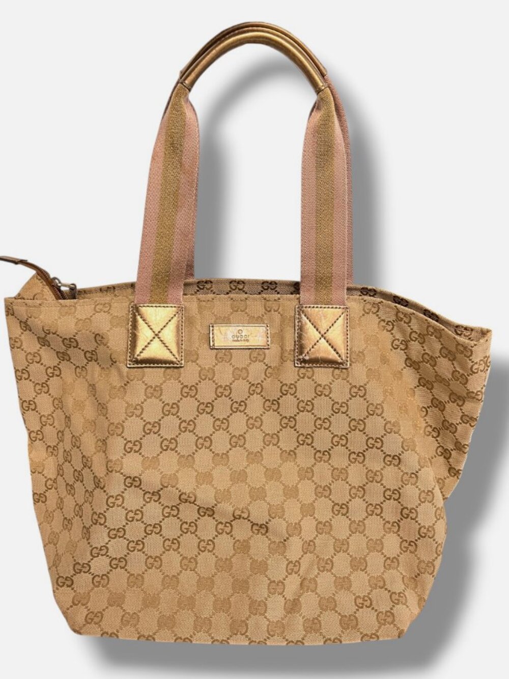 Gucci Women's Beige Logo GG Metallic Canvas Leather Shoulder Tote Bag